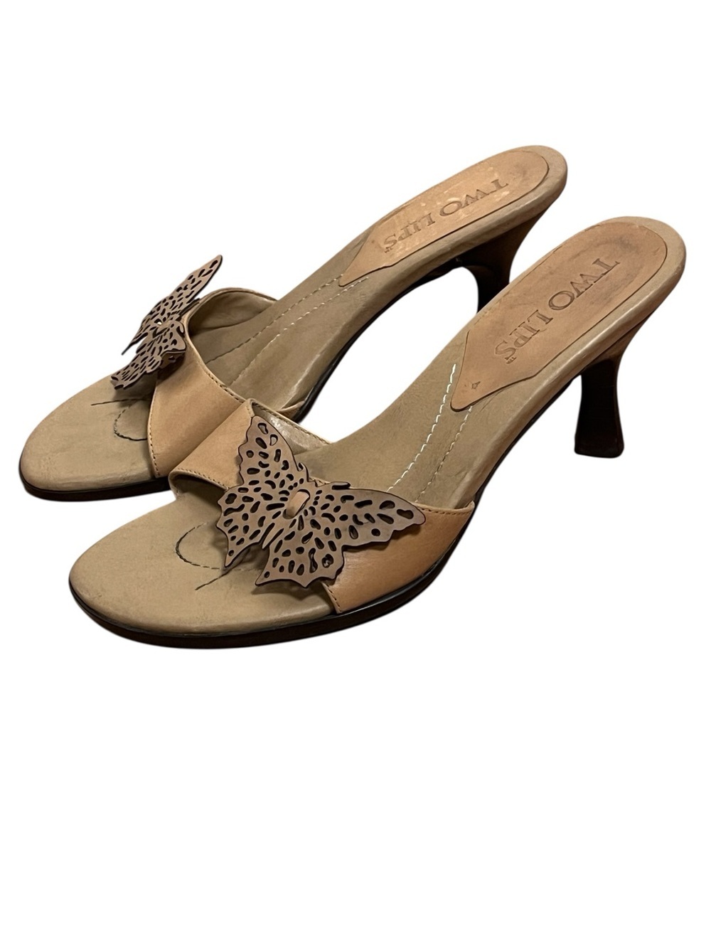 Two Lips Butterfly Tan Kitten Heels Mules Y2K — Size 6.5